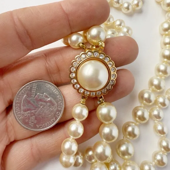 Vintage Swarovski SAL Double Strand Faux Pearl Crystal Round Clasp Necklace - Picture 3 of 6